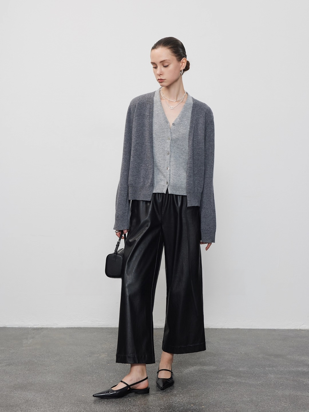 Layered V-Neck Contrast Trim Cardigan Jacket | Gray Wool Knit Unique Fall Top