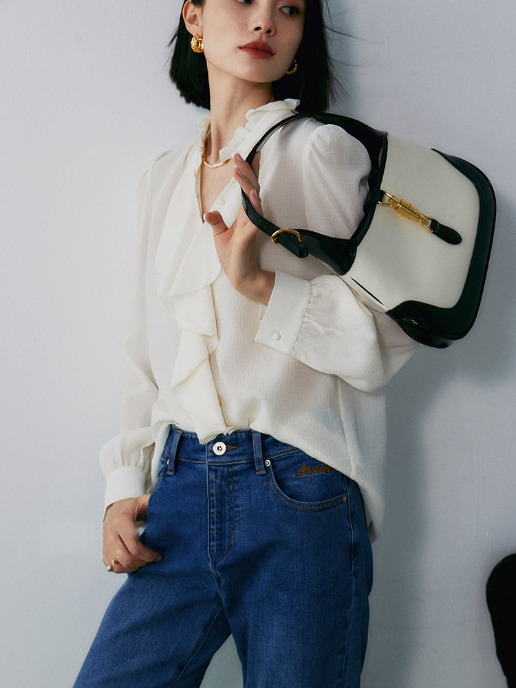 Women's Limited-Edition Heavyweight Crinkled Waffle Silk Ruffle Blouse – Elegant Fall Statement Shirt