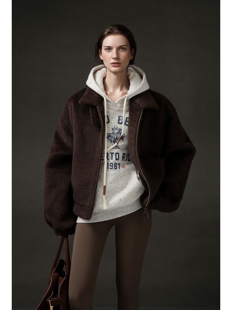 Vintage Harrington Jacket for Women – Luxury Suri Alpaca Wool Coat with Soft Textured Finish