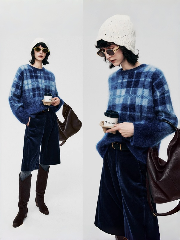 470g Thick Plaid Brushed Cashmere Sweater – Slimming, Wide-Fit Cozy Knit Top