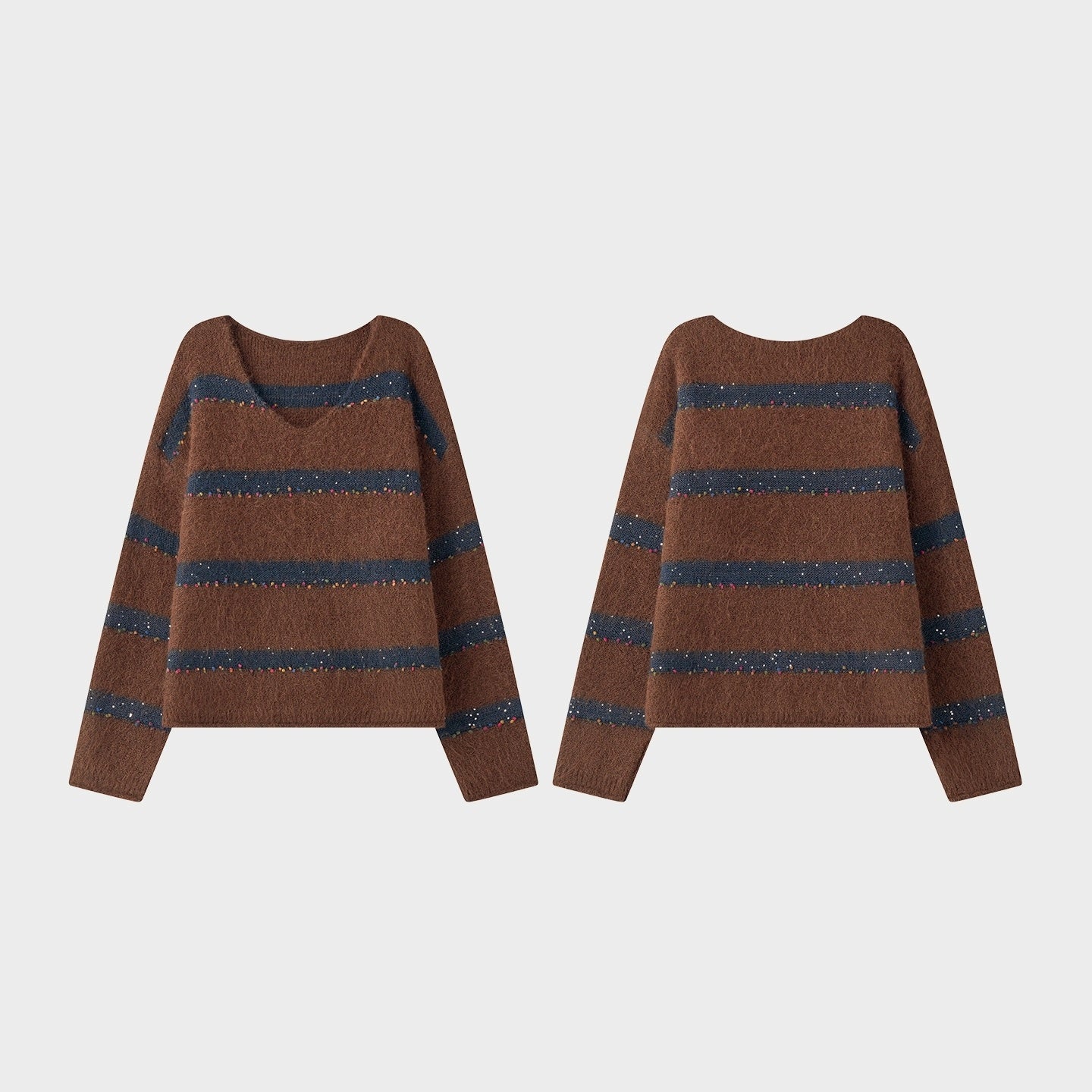 Soft Wool V-Neck Striped Sweater with Colorful Pom Details and Subtle Sequins | Relaxed Winter Knitwear