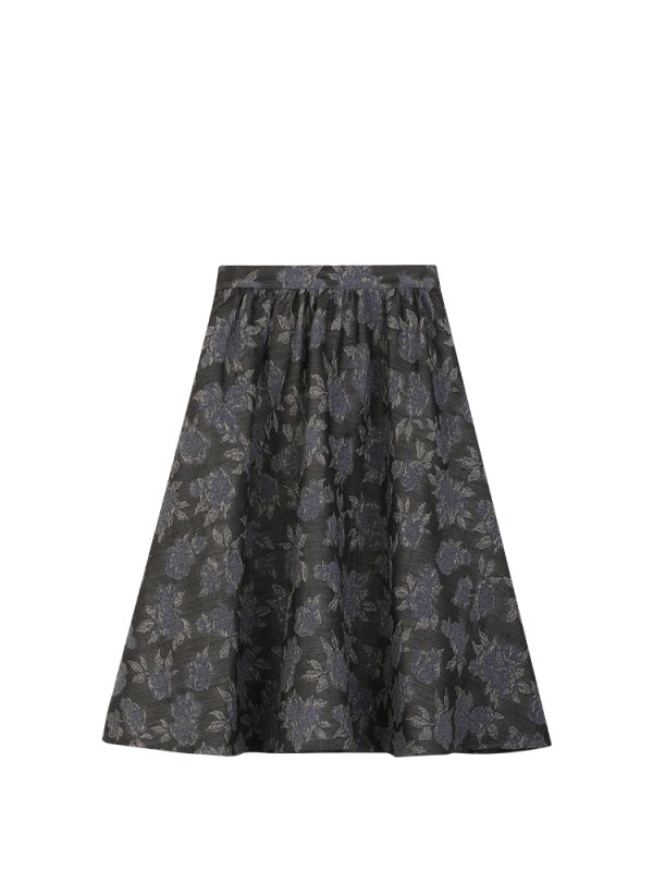 Elegant Wool Jacquard A-Line Midi Skirt – Flowy Silhouette with Elastic Waist