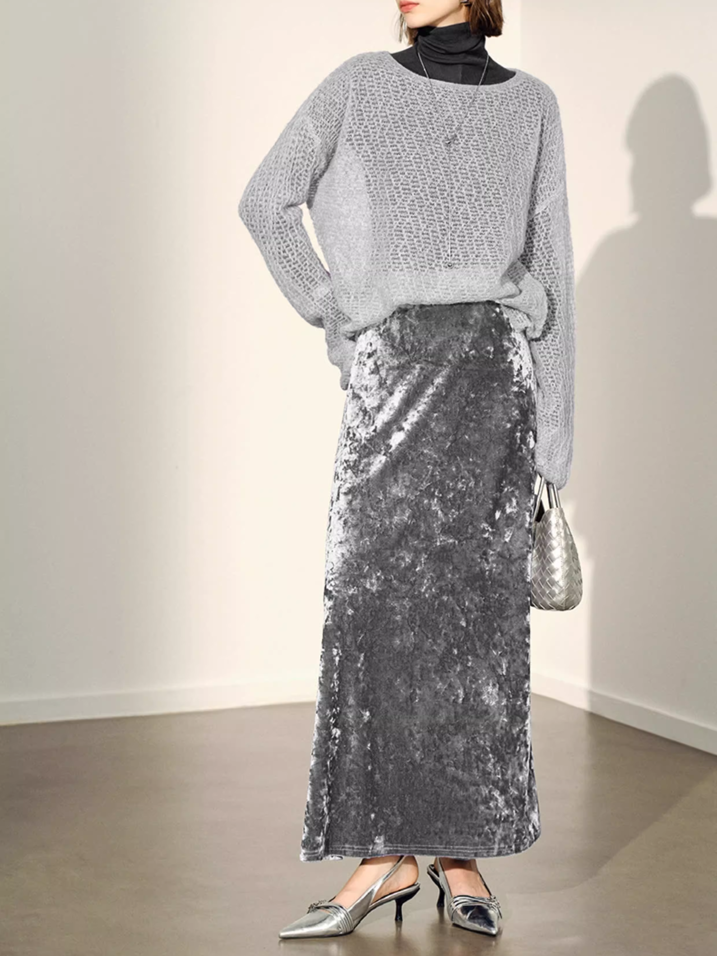 Elegant Purple Velvet Diamond-Touch High-Waist Midi Skirt for Women