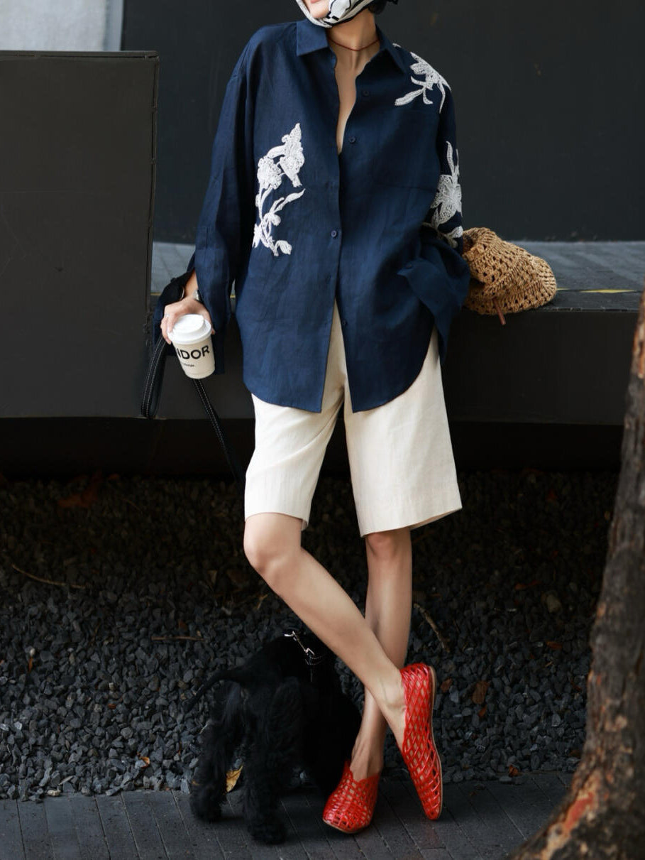 Autumn 100% Linen Heavy-Embroidered Shirt