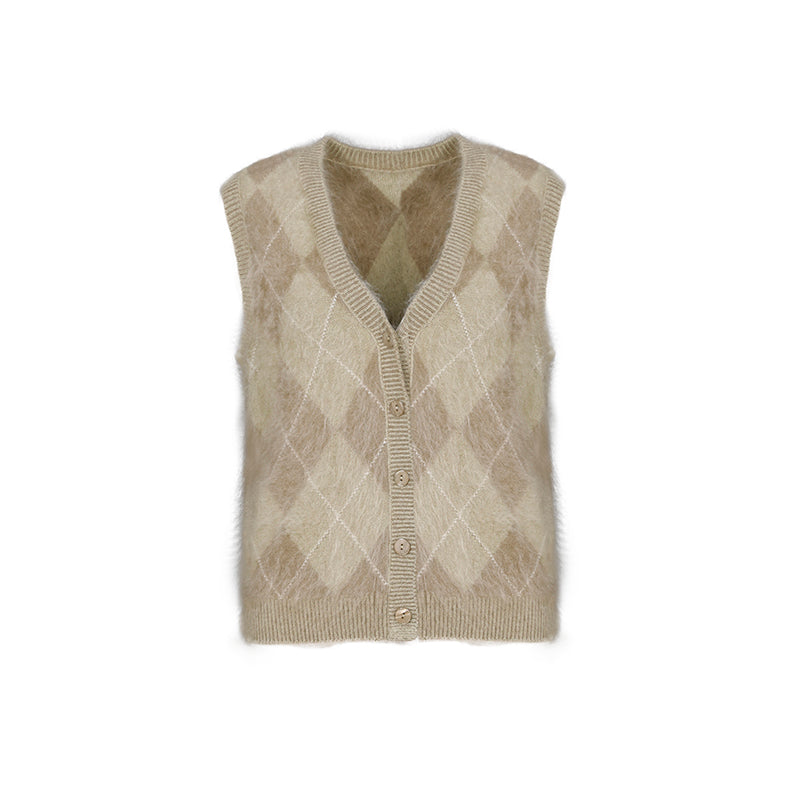 Heavyweight Brushed Knit Vintage Diamond-Pattern Sweater Vest for Women