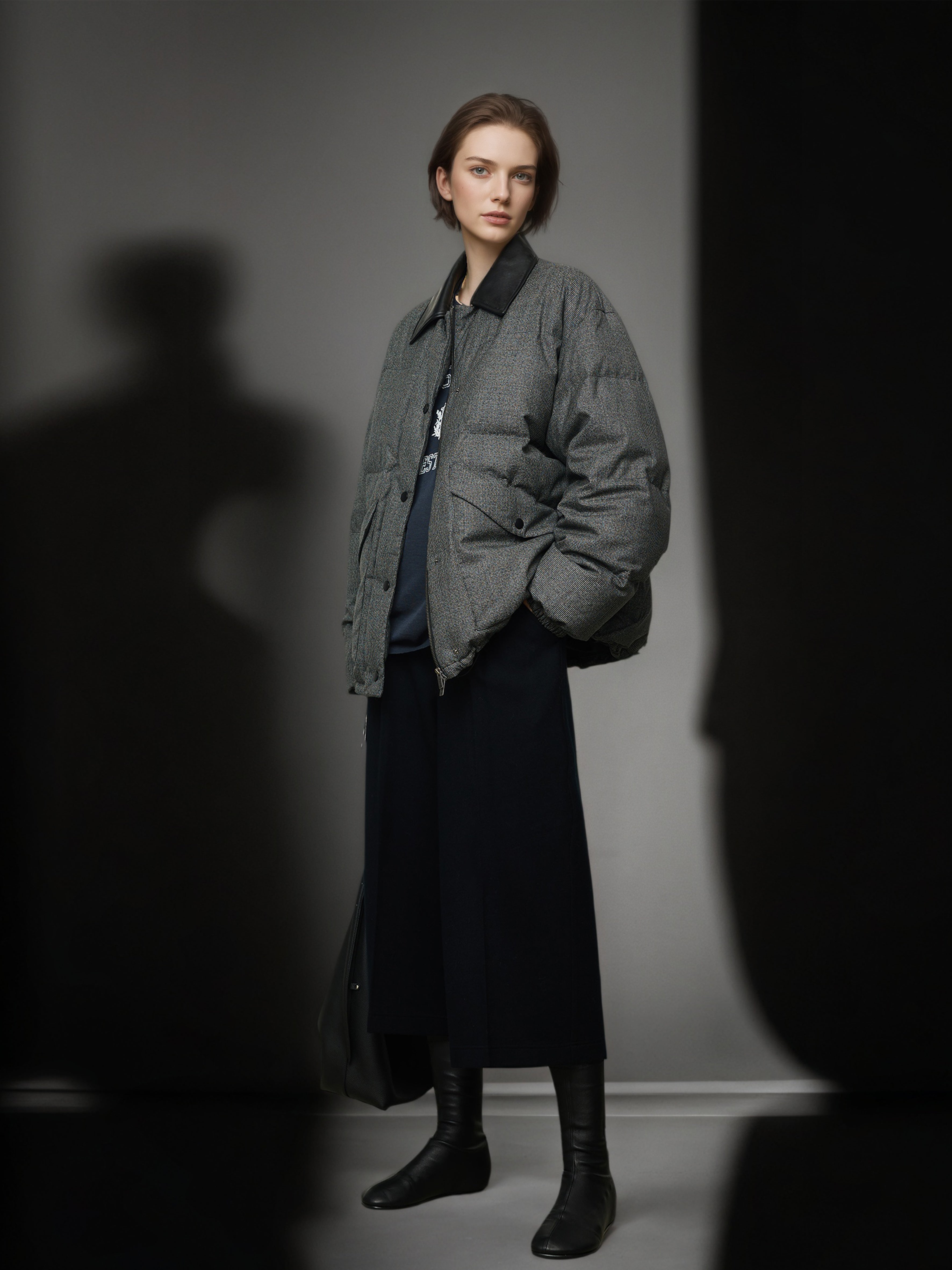 95% White Goose Down Lightweight Puffer Jacket for Women with Leather-Trim Collar and Relaxed MIU-Inspired Design