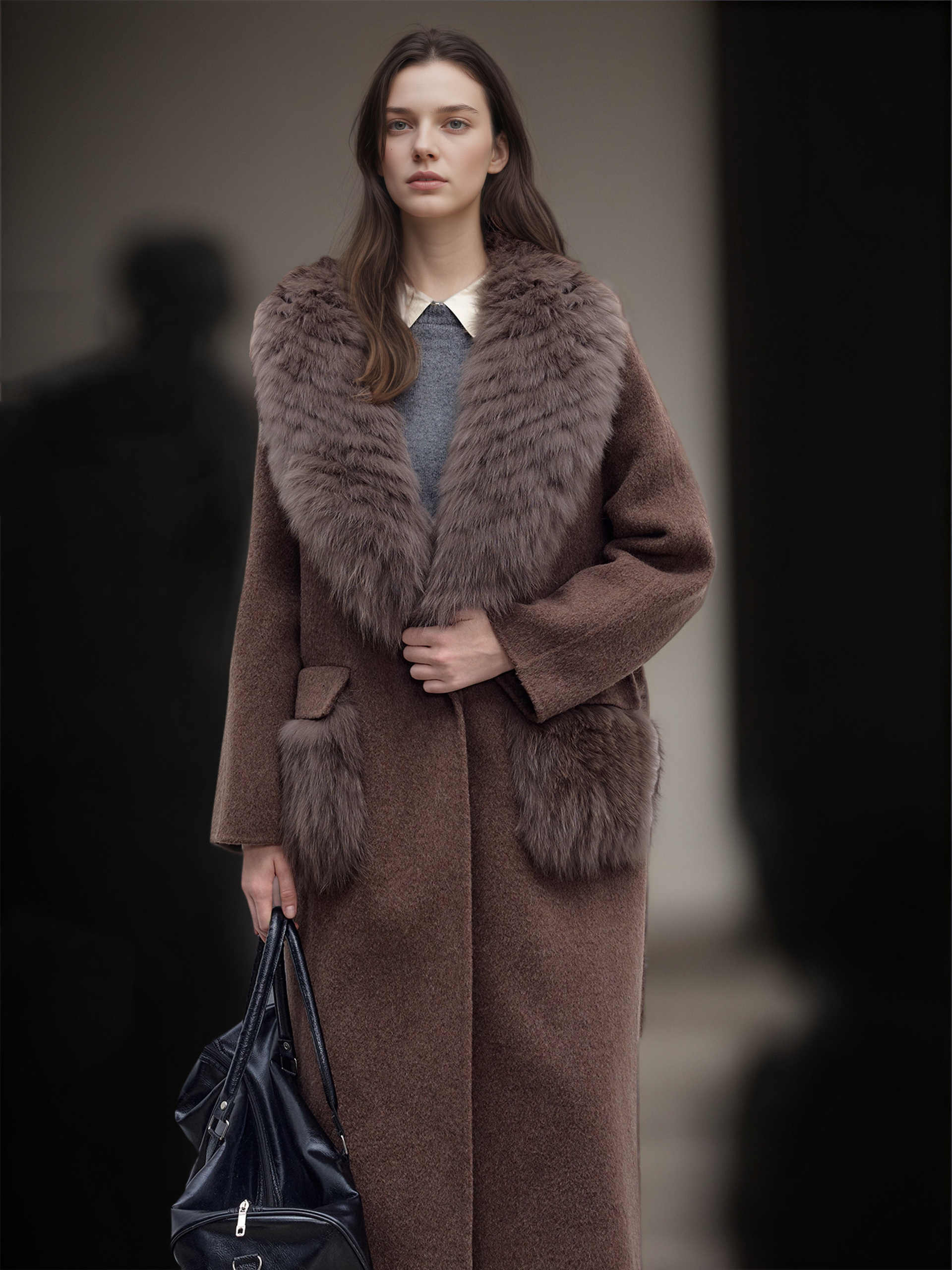 Women’s Long Double-Faced Wool Coat with Fox Fur Collar | 2025 Winter Wool Overcoat