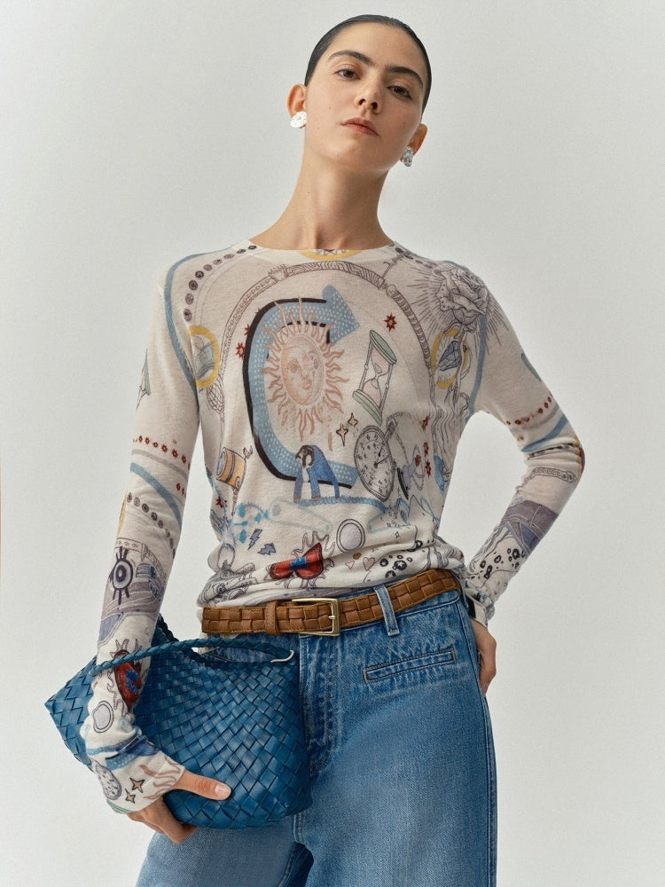 Colorful Hand-Painted Print Ultra-Soft Water-Soluble Wool Knit Sweater