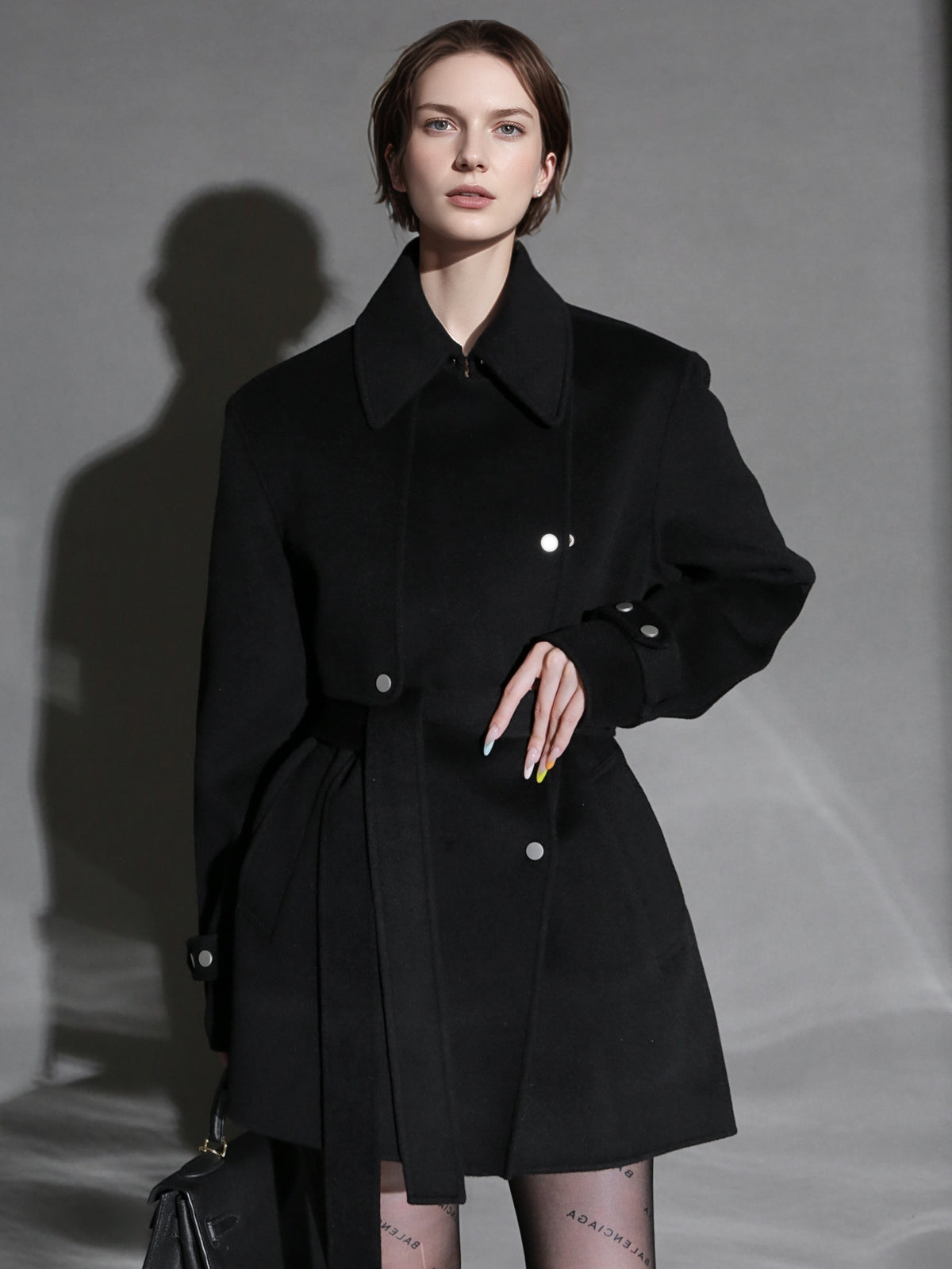 French Minimalist Chic Wool Coat for Women – Double-Faced Cashmere Overcoat with Lapel and Metal Buttons, Fall Winter Elegant Outerwear