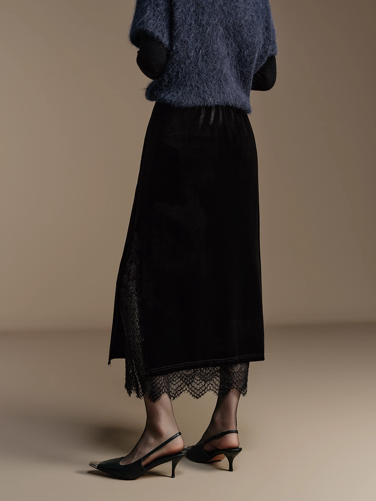 French Romantic Style Stretch Waist Lace-Trim Draped Velvet Long Skirt