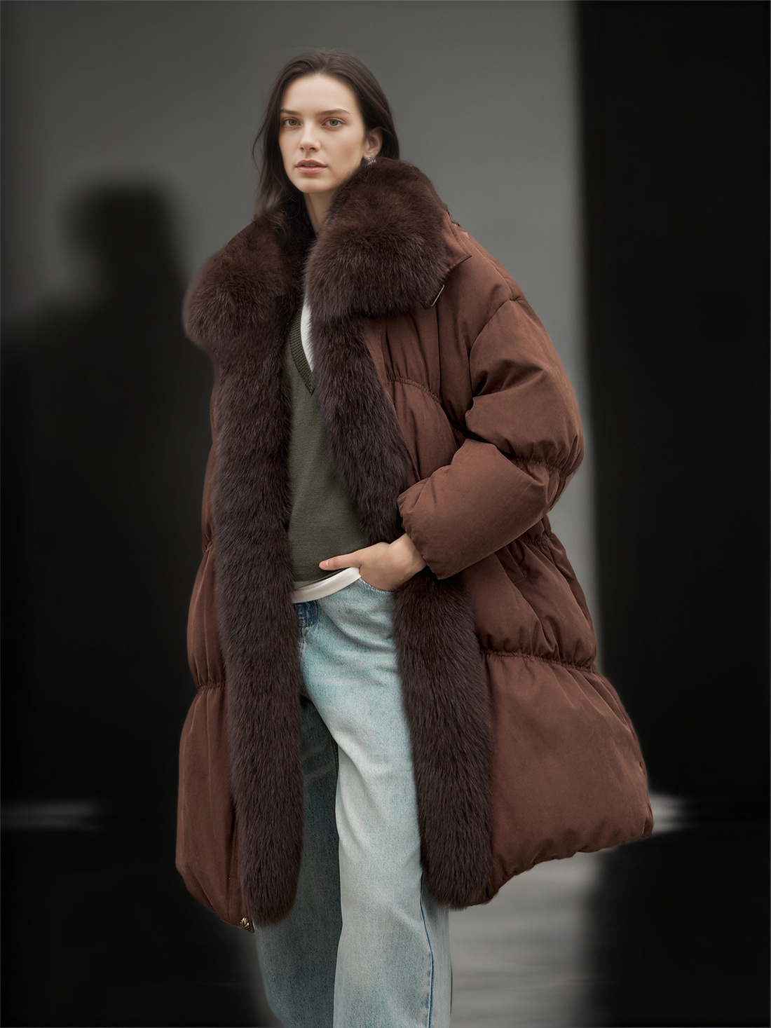 Women’s Mid-Length Down Coat with&nbsp; Fox Fur Hood | 90% White Goose Down Winter Jacket