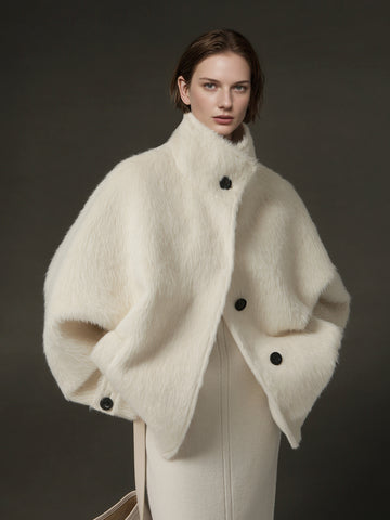 Alpaca Wool Biker Jacket for Women – Stand Collar Suoli Alpaca Coat with Luxe Textured Finish, Winter Chic Outerwear