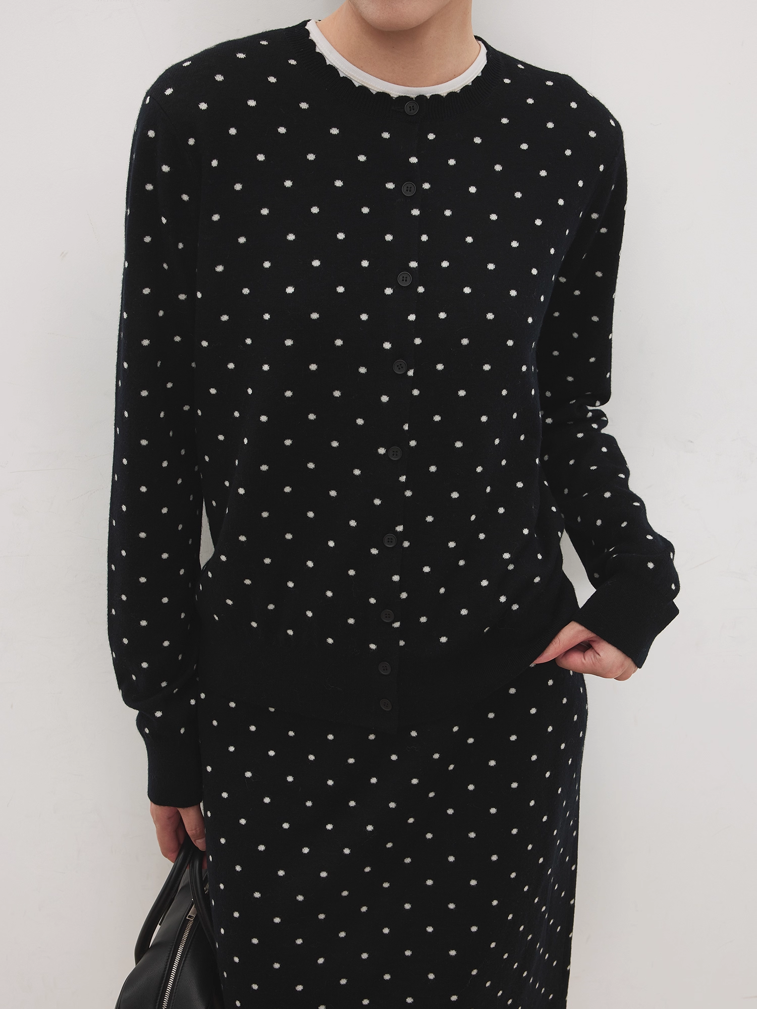 Vintage Double-Layer Jacquard Polka Dot Cardigan | Mercerized Wool Petal-Collar Knit