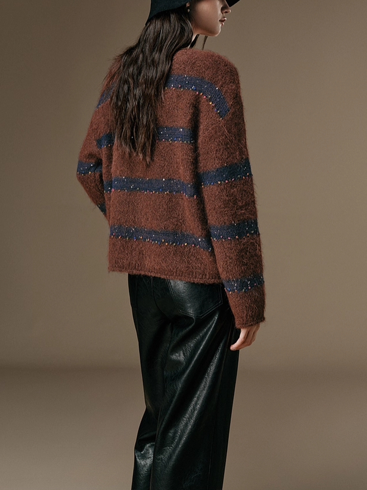 Soft Wool V-Neck Striped Sweater with Colorful Pom Details and Subtle Sequins | Relaxed Winter Knitwear