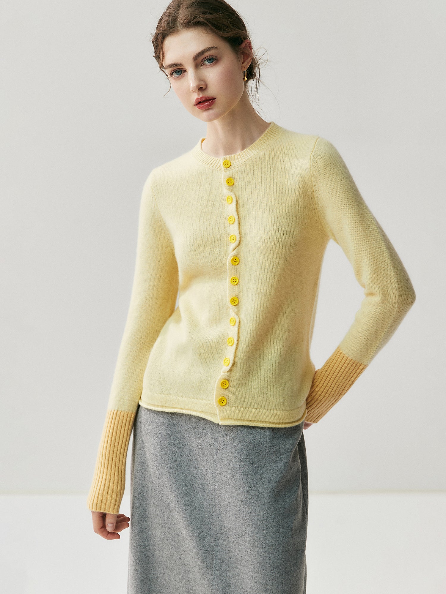 Baby Goat Cashmere Knit Cardigan for Women – Crew Neck Color-Block Wool Sweater Jacket