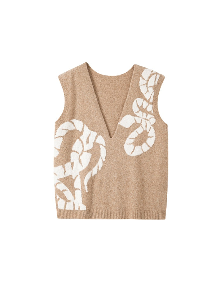 Golden Serpent Collection Wool Bouclé Knit V-Neck Vest – Loose Fit Winter Sweater Tank