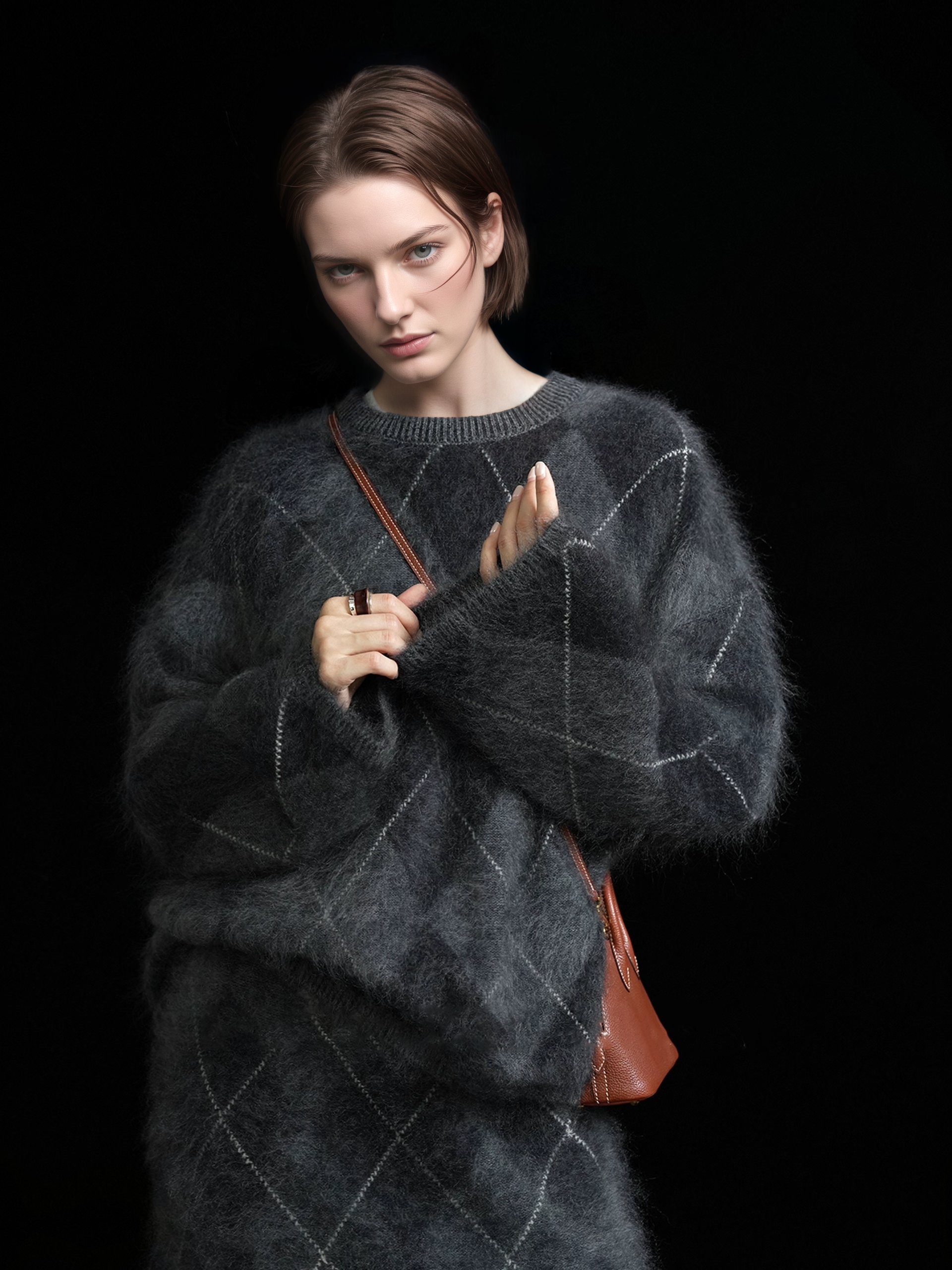 Heavyweight Brushed Knit Vintage Diamond-Pattern Sweater for Women