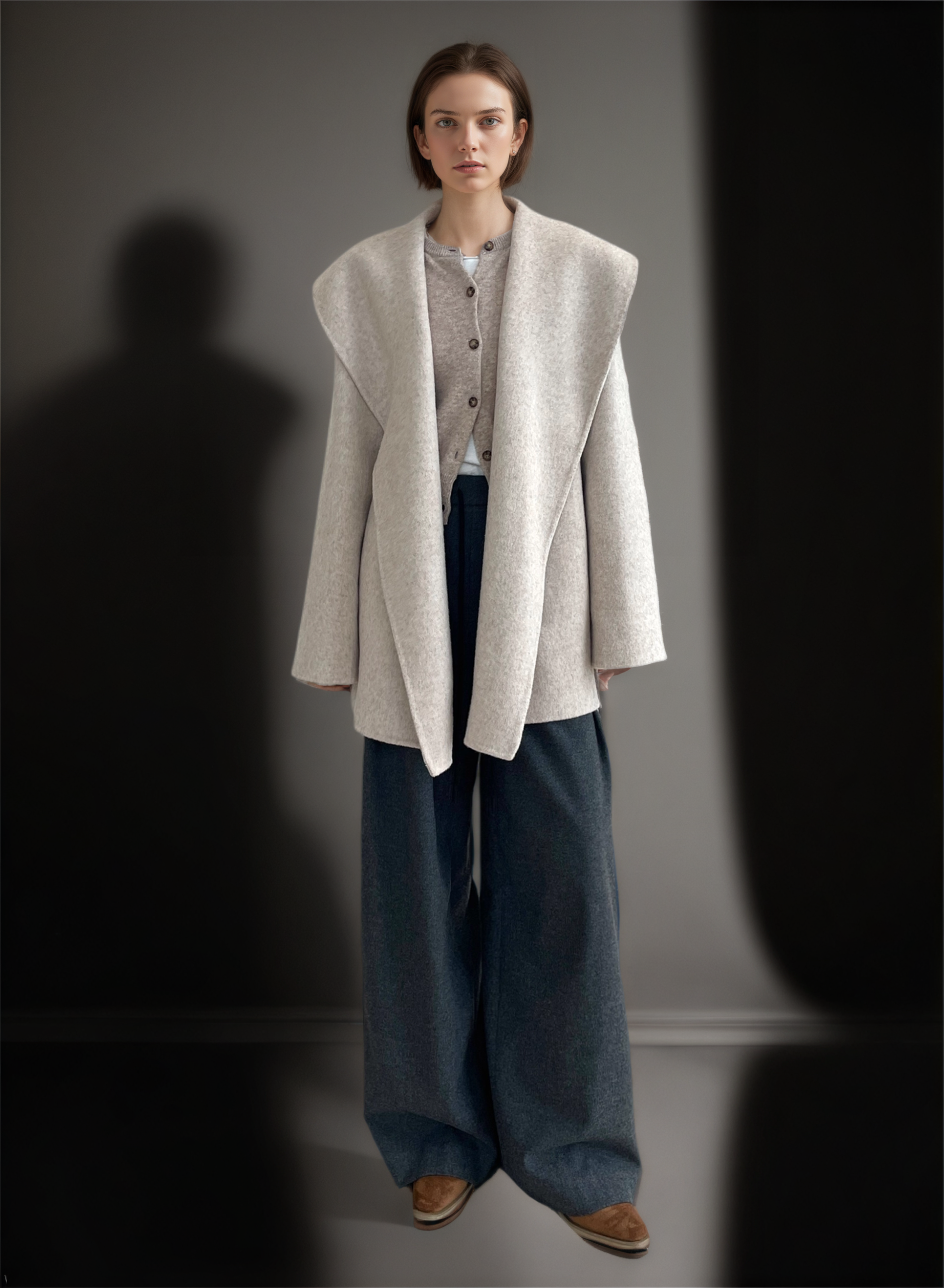 Wool Lyocell Wrap Coat for Women | Double-Faced Wool Overcoat with Lapel Collar, Relaxed Fit Winter Style