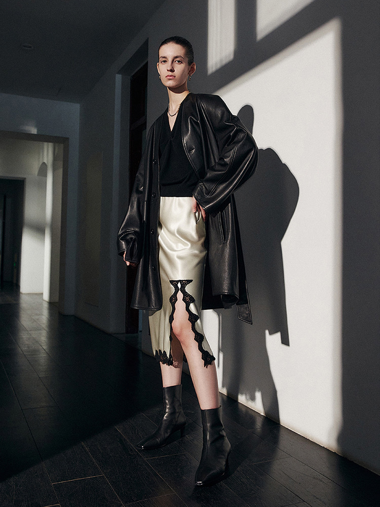 French Elegant Acetate Lace Slit Midi Skirt — Boudoir-Inspired Custom Craft Skirt for Women