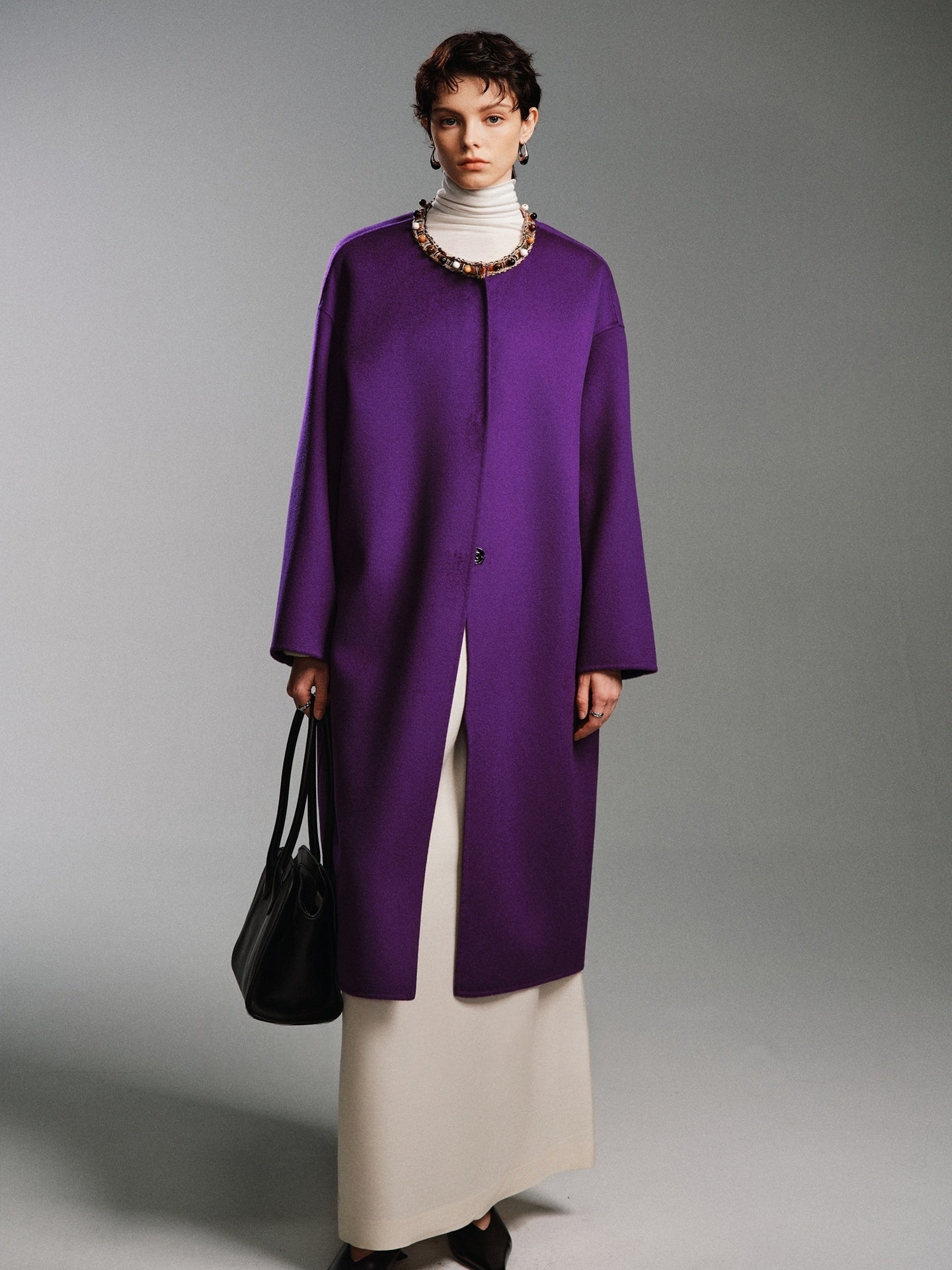 Luxury Cashmere Blend Beaded Coat | Original Designer Double-Sided Wool Overcoat for Women, Forest &amp; Deer Inspired Design