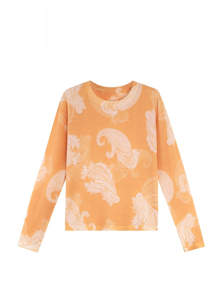 Hand-Painted Cashew Flower Print Wool Sweater – 16-Gauge Fine Knit Pullover with Waist Floral Design for Women