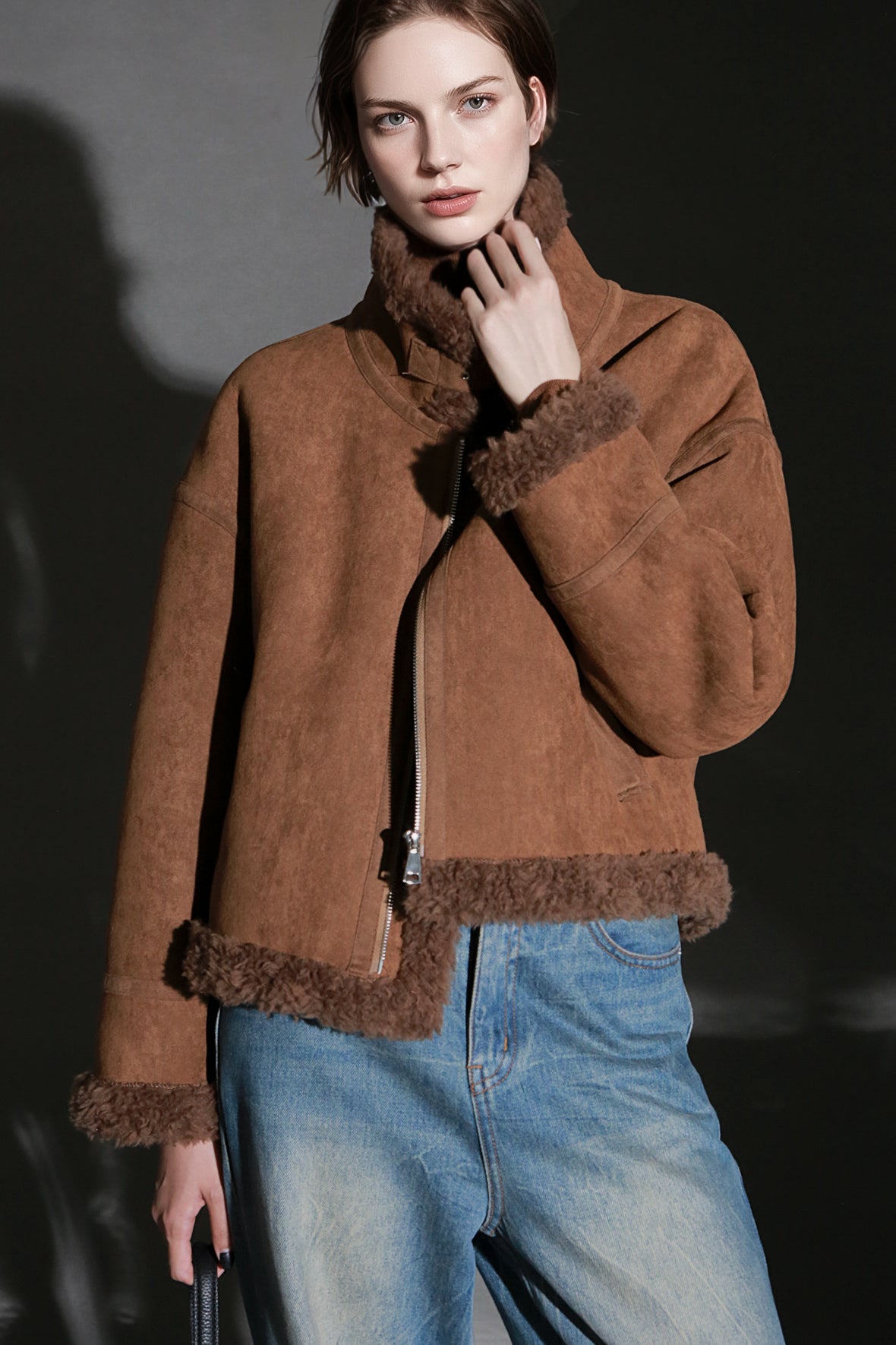 Vintage Suede Faux Shearling Jacket for Women – Short Stand Collar Plush Coat with Strap Detail, Thick Warm Winter Outerwear