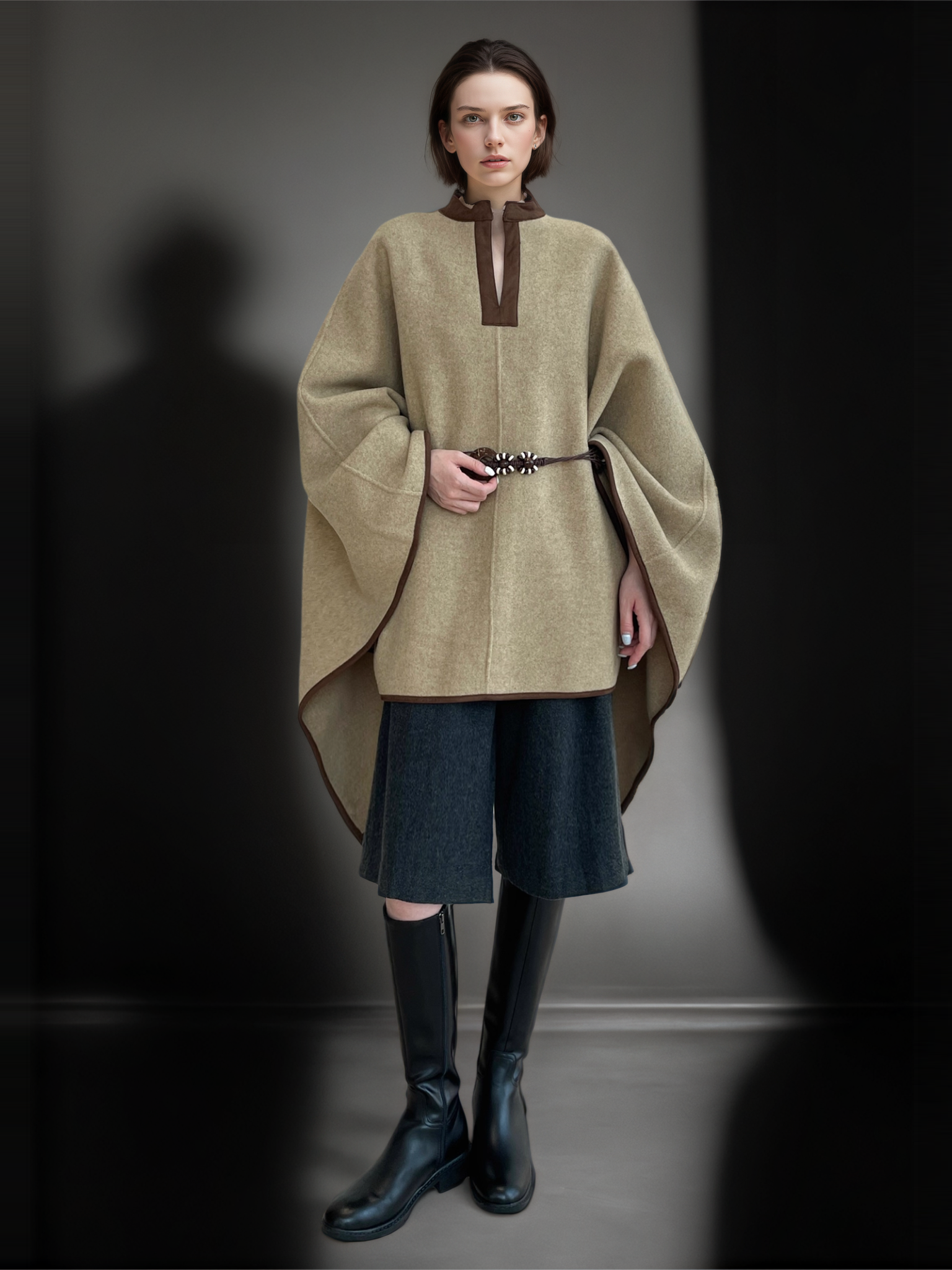 Women’s Minimalist Shearling Patchwork Cape Coat | Premium Merino Wool & Suede Blend Outerwear