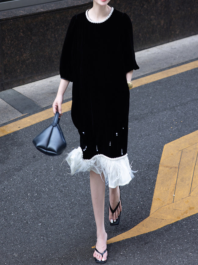 Silk Velvet & Ostrich Feather Hand-Embroidered Custom Dress