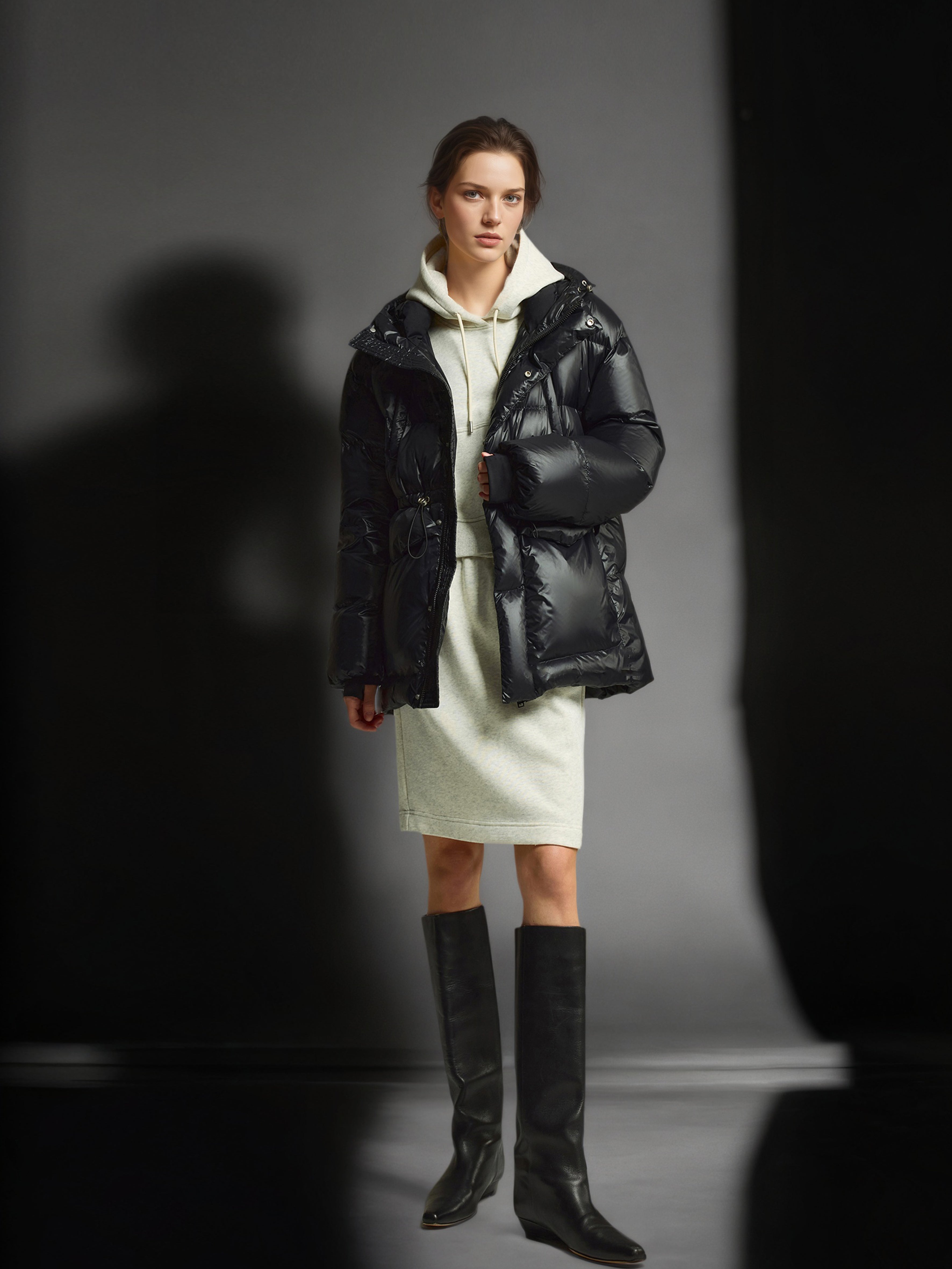 White Duck Down Hooded Puffer Coat – Drawstring Waist, Warm Thickened Loose Fit Winter Jacket for Women