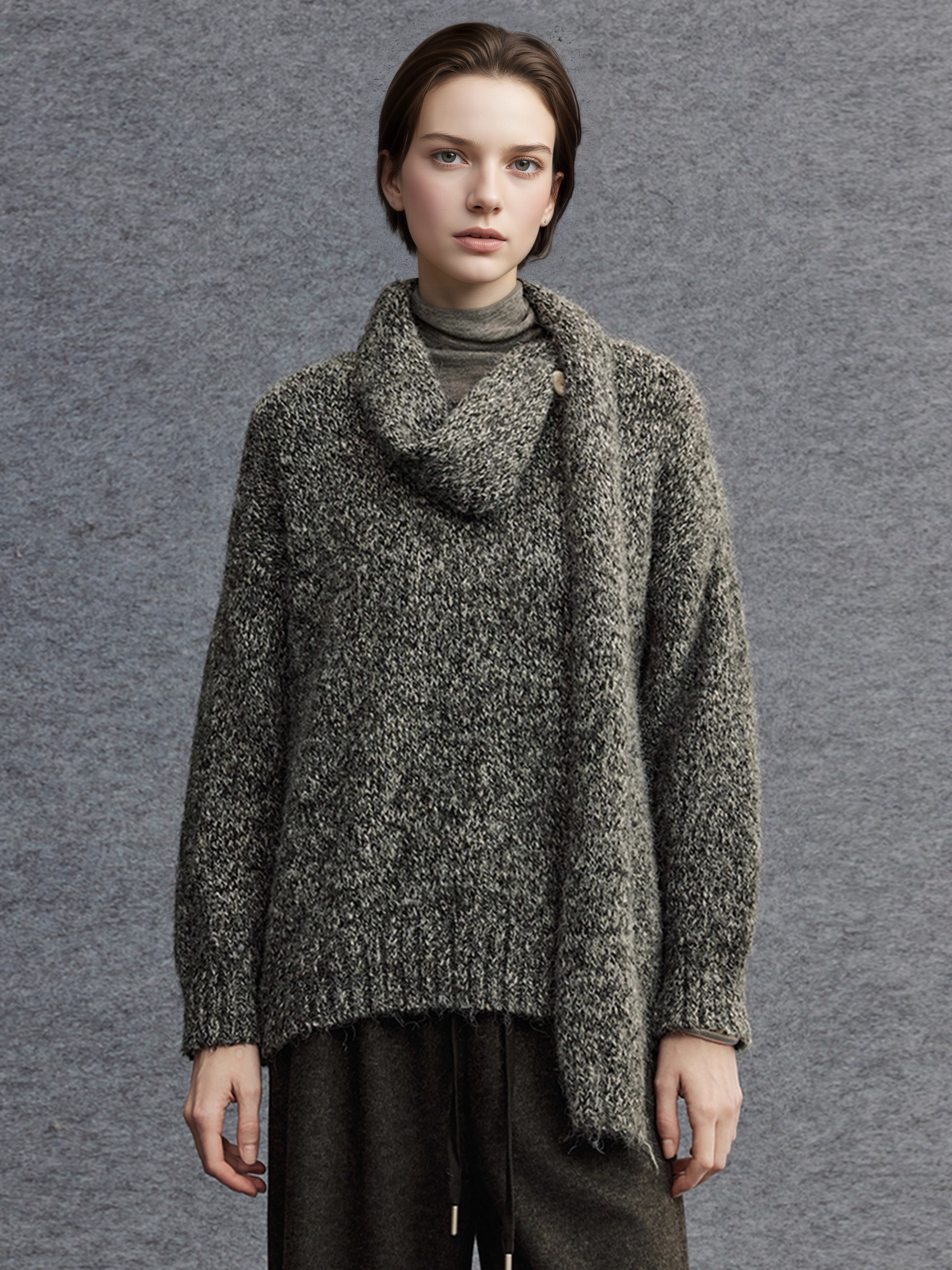 Textured Mélange Knit Sweater with Detachable Scarf | Relaxed H-Silhouette Drop-Shoulder V-Neck Pullover for Women