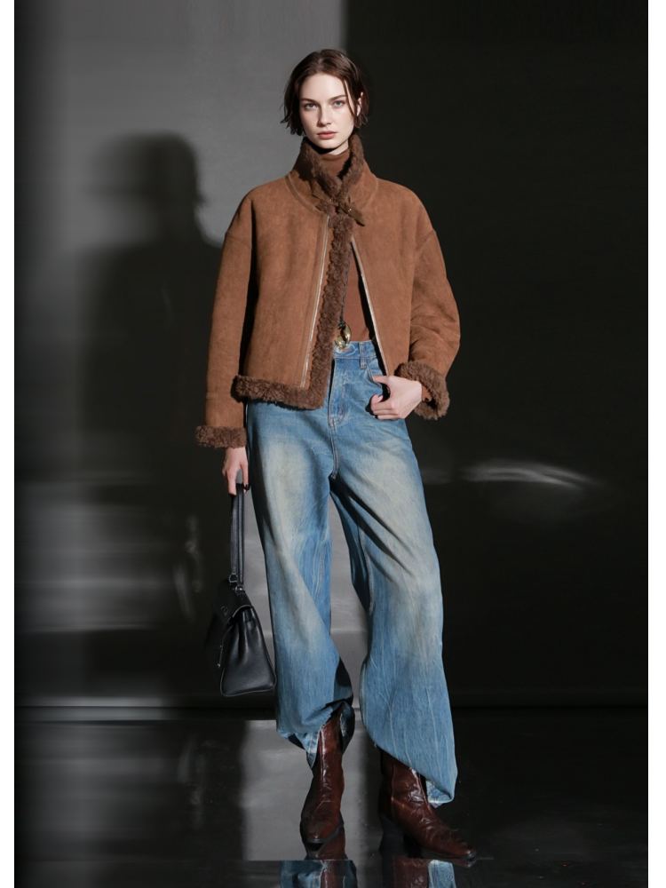 Vintage Suede Faux Shearling Jacket for Women – Short Stand Collar Plush Coat with Strap Detail, Thick Warm Winter Outerwear