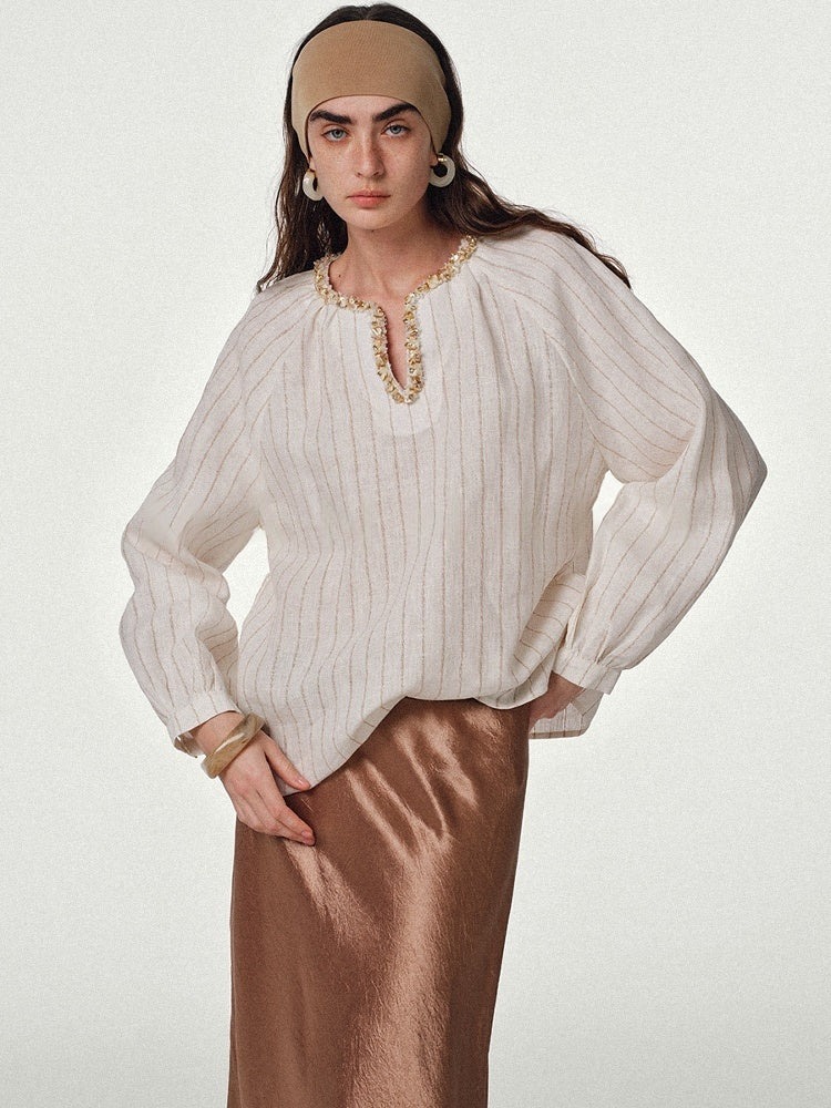Luxury Linen Striped Shirt – Handcrafted Loose Fit Casual Shirt with Gold Glitter Collar for Women