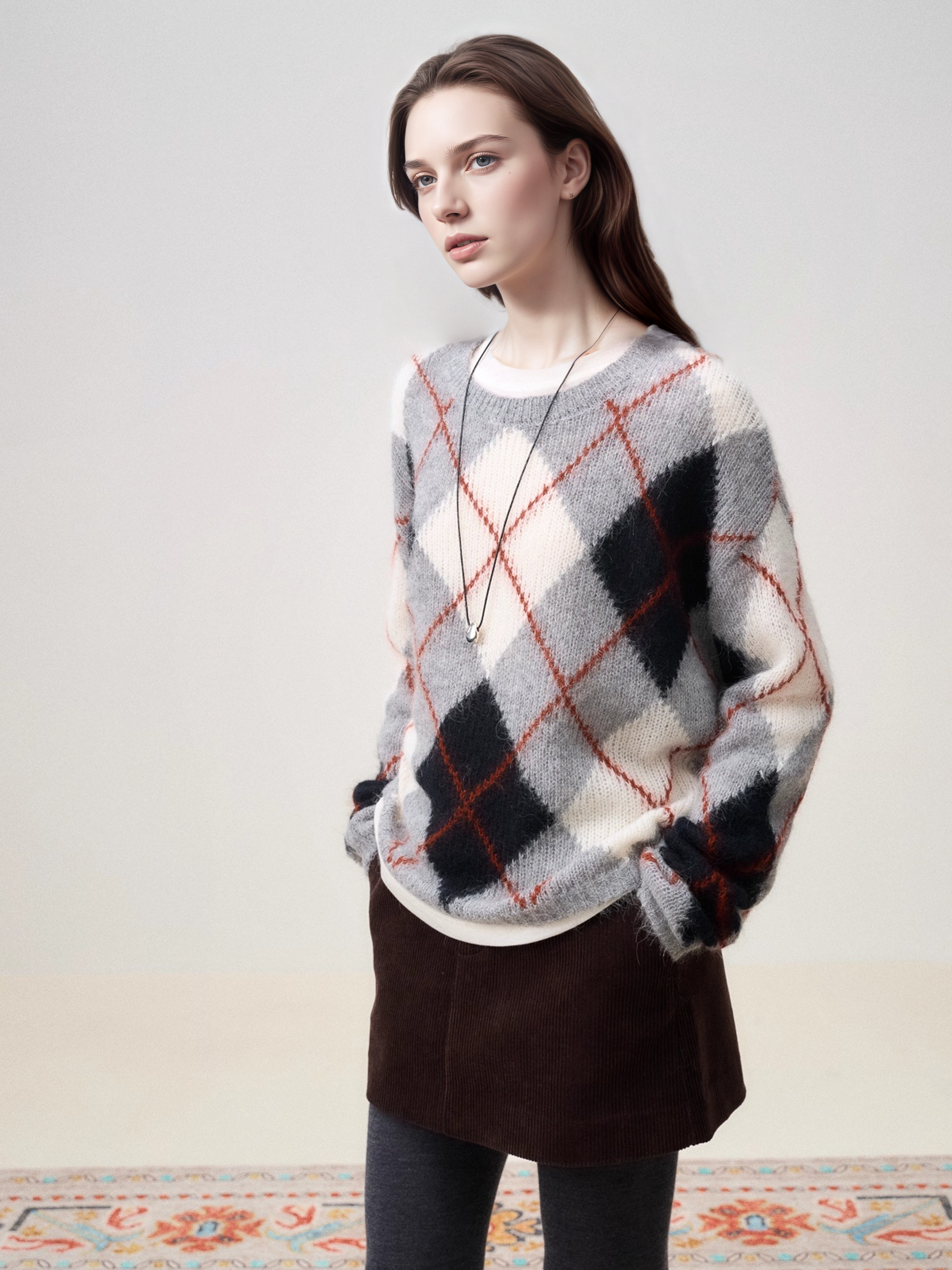 Peruvian Alpaca Wool Diamond-Pattern Pullover Sweater | Warm, Breathable Color-Contrast Knit