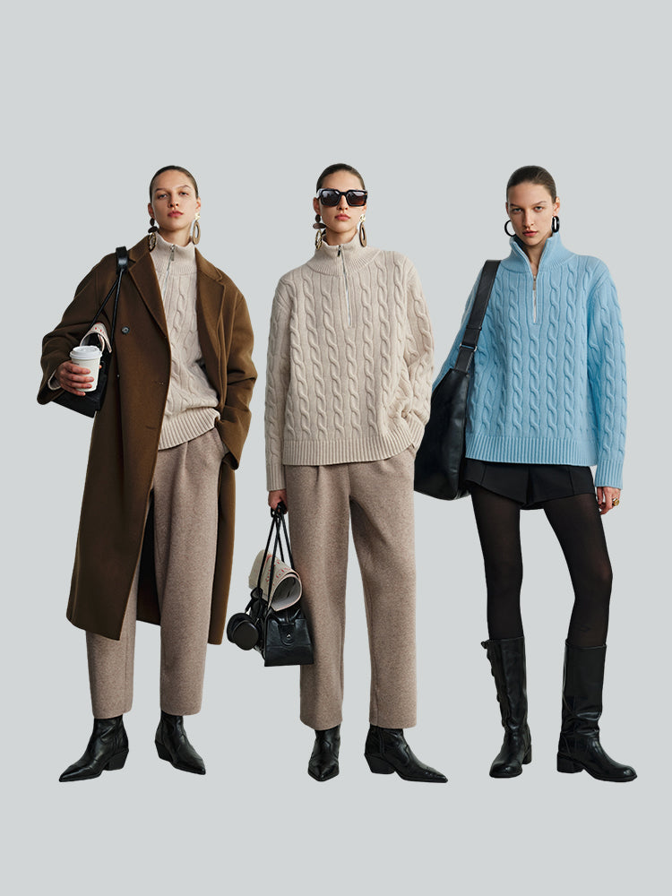 Relaxed Fit Zipper Cable Knit Wool Sweater for Women - Autumn/Winter Casual Sporty Loose Polo Shirt