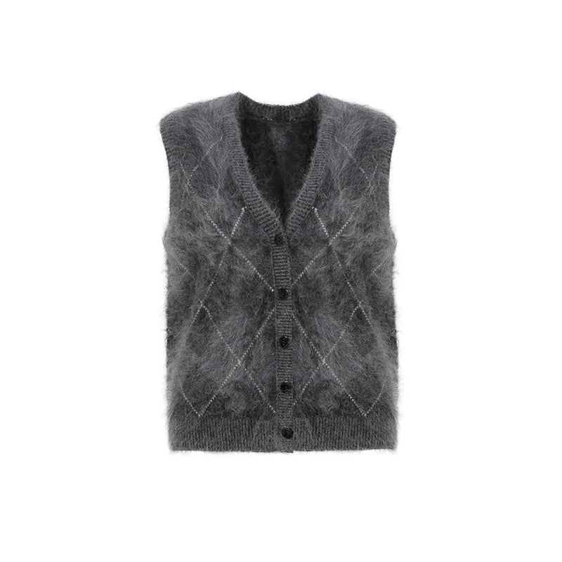 Heavyweight Brushed Knit Vintage Diamond-Pattern Sweater Vest for Women