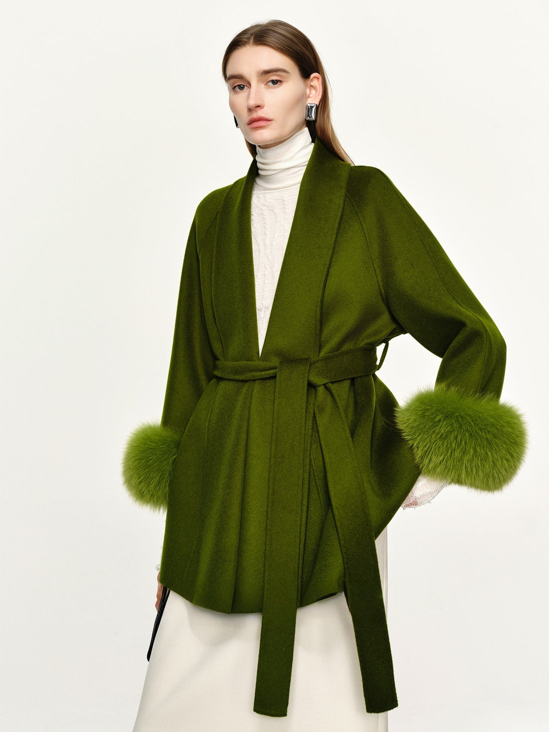 20% Cashmere Double-Faced Wool Coat for Women – Short Vintage Green Overcoat with Fox Fur Cuffs