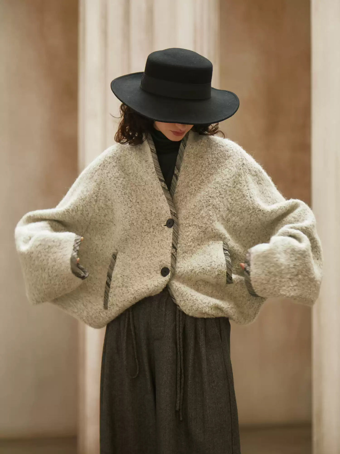 Vintage Wool-Cashmere Blend Oversized Coat for Fall Winter – Dropped Shoulder Batwing Sleeve Bouclé Jacket