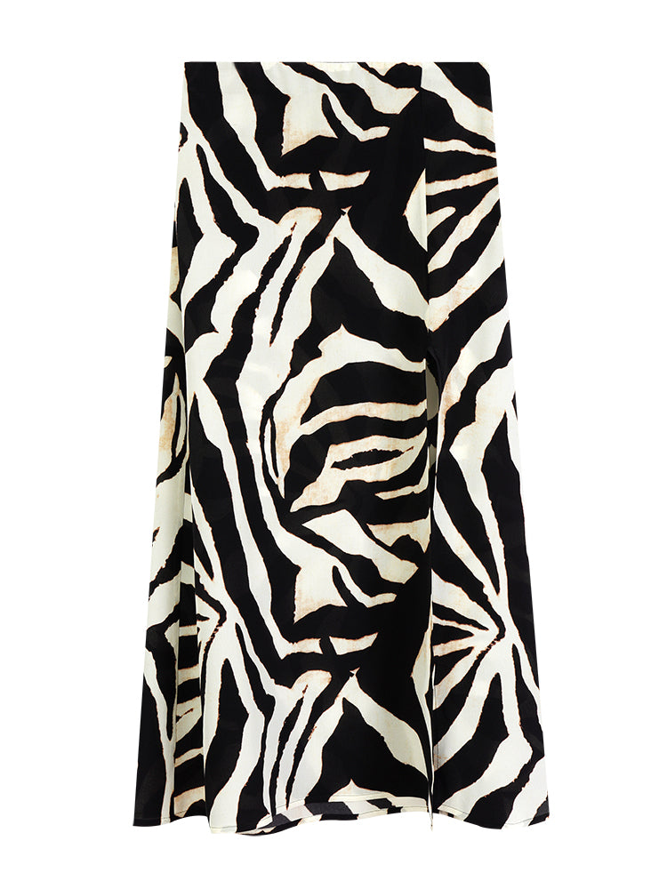 Mulberry Silk Zebra Print Midi Skirt – French Ombre High-Waisted Design with Slit
