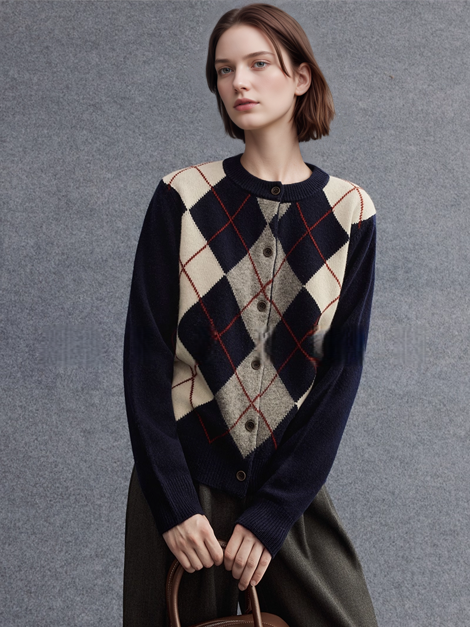 Australian Merino Wool Plaid Cardigan | Vintage Drop-Shoulder Intellectual-Style Knitwear for Women