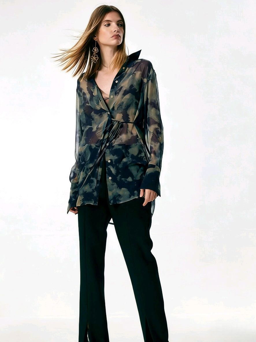 Women's Sheer-Effect Mulberry Silk Long-Sleeve Blouse – Lightweight Elegant Layering Shirt