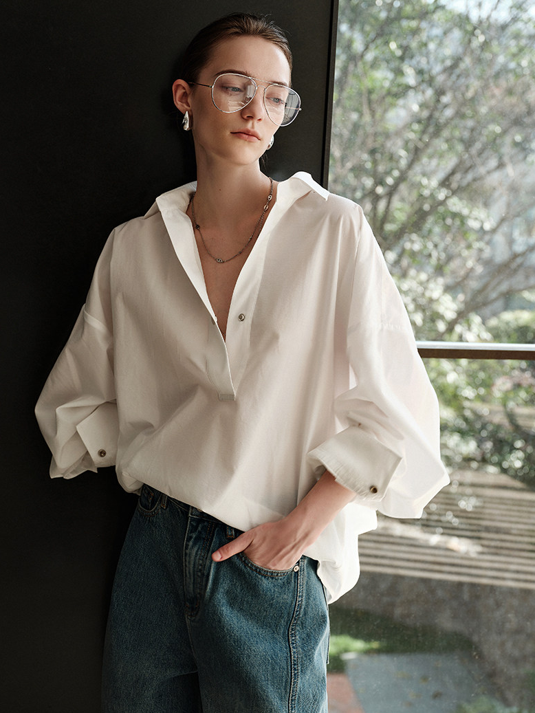 Women's Old-Money Style Solid Color Collared One-Button Pullover Shirt – Relaxed Fit Classic Blouse