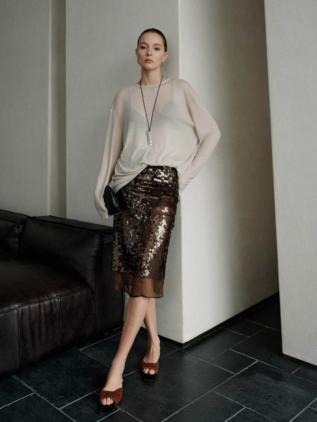 Luxury Silk Organza Skirt with 3D Sequin Embellishment | Fashion Split Hem Midi Skirt