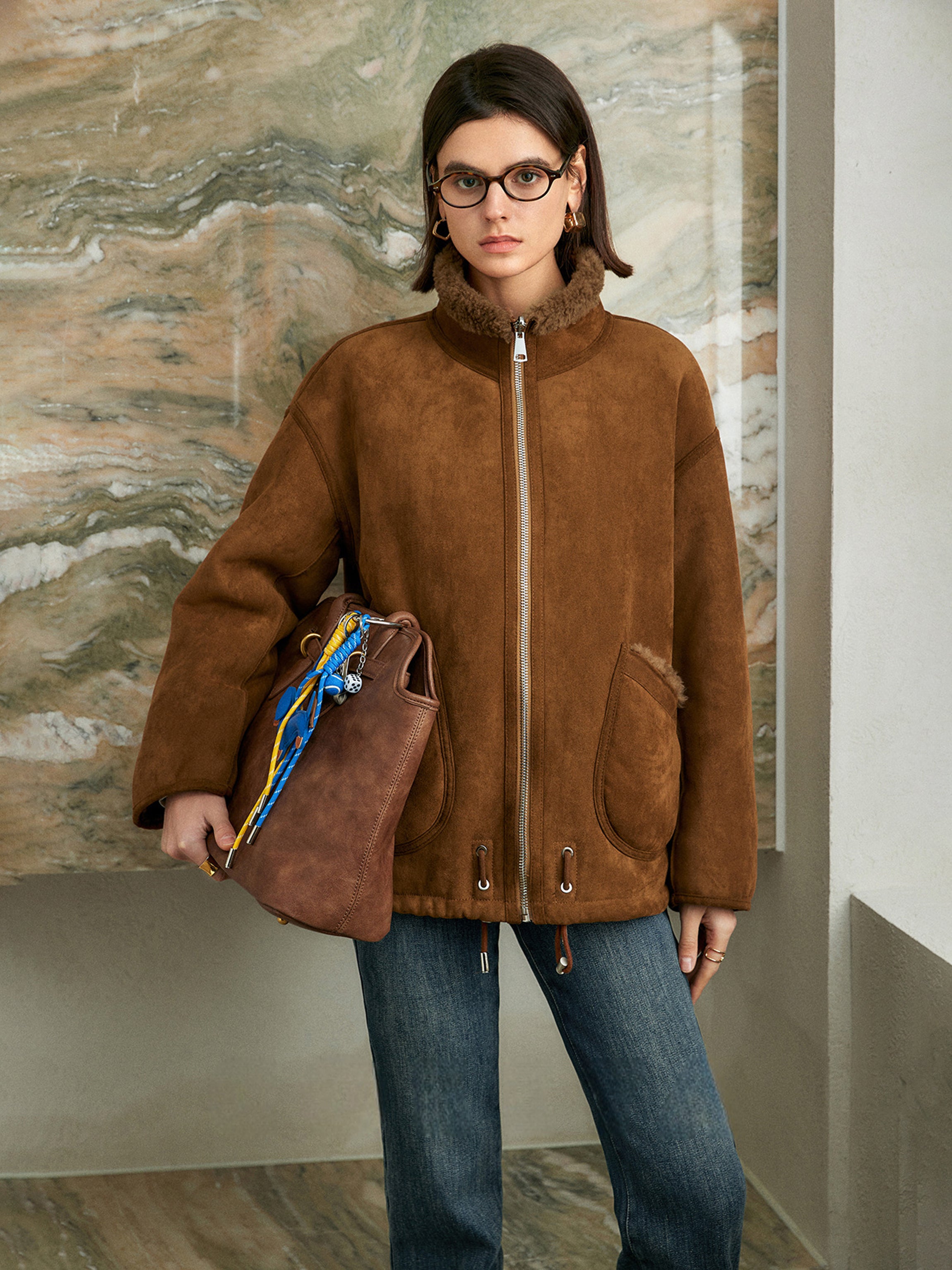 100% Wool-Lined Vintage Brown Faux Suede Jacket – Thick Reversible Shearling-Style Coat for Women