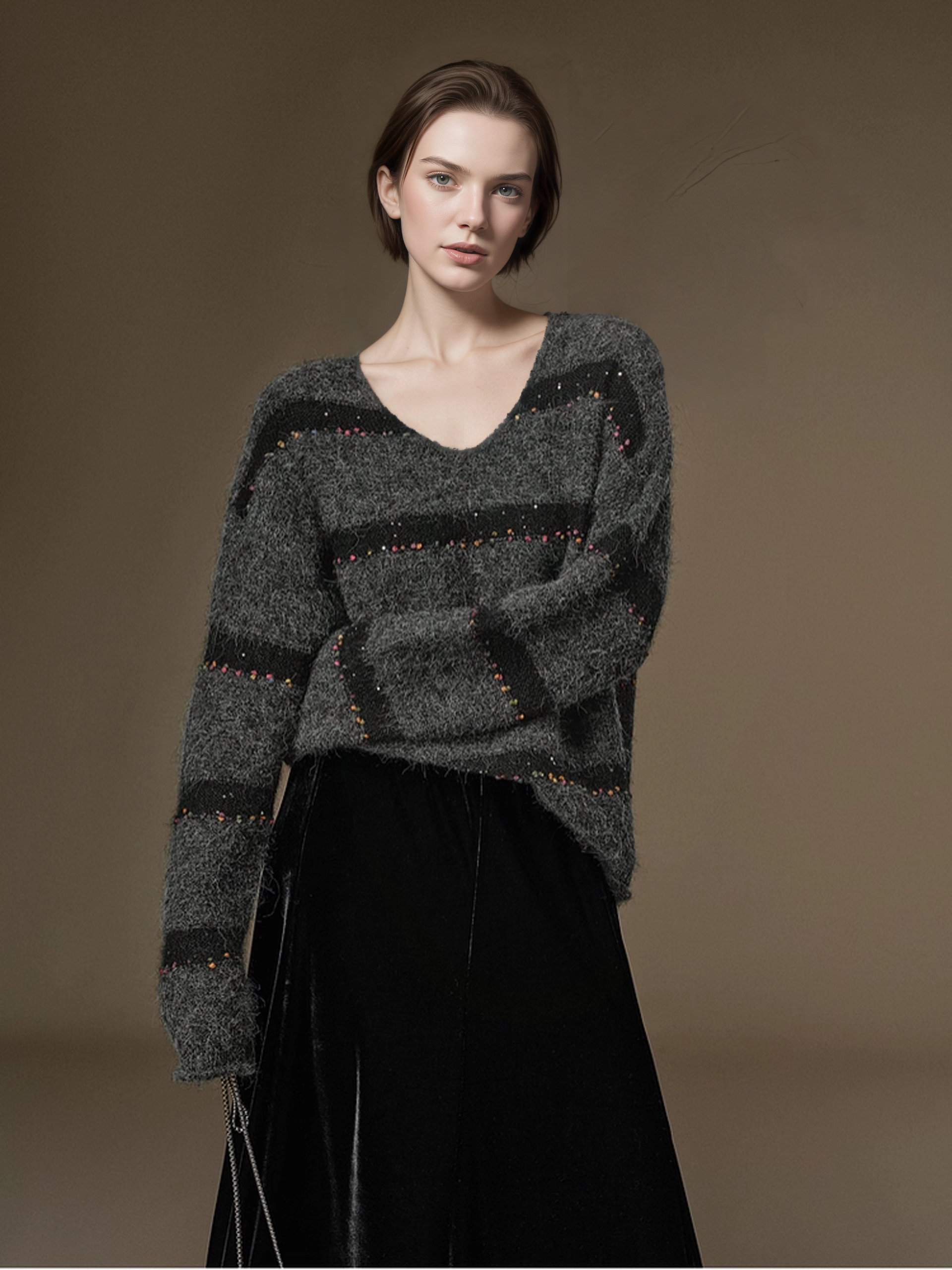Soft Wool V-Neck Striped Sweater with Colorful Pom Details and Subtle Sequins | Relaxed Winter Knitwear
