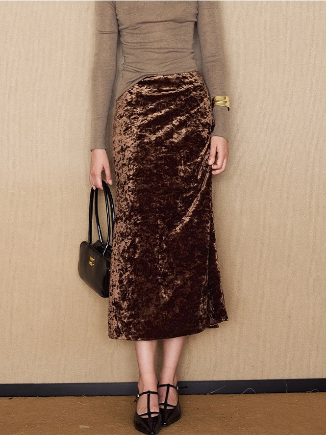 Glimmering Waves Vintage Gold-Flecked Fish Tail Skirt | Stretch Velvet Midi Skirt