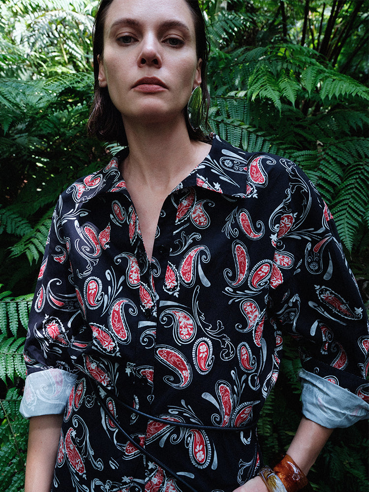 Paisley Nomad Series | 32S Cotton Poplin T-Back Shirt & High-Waist Skirt Set