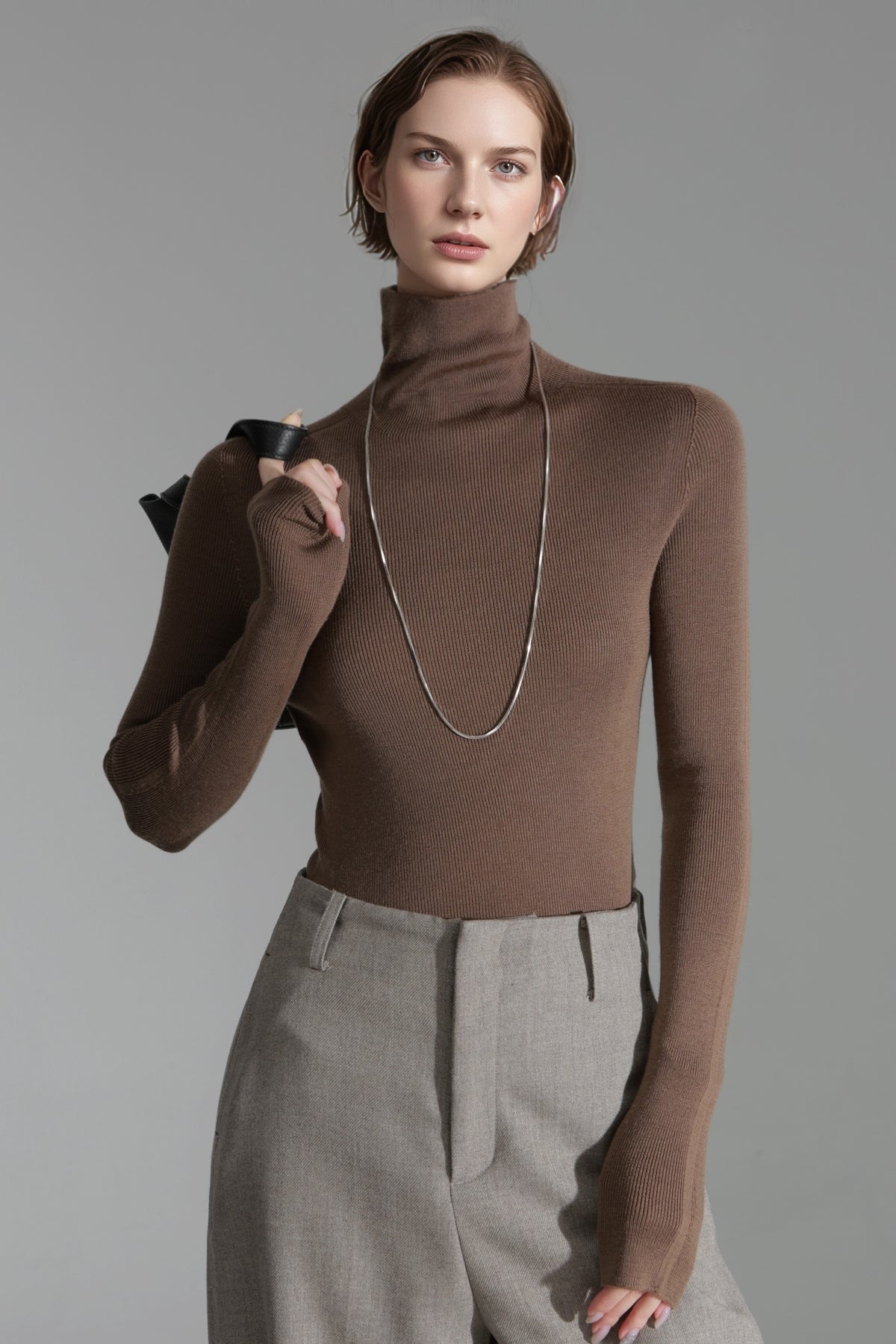 Merino Wool Minimalist Mock Neck Ribbed Knit Top – Cross-Strap Seamless Solid Color Sweater