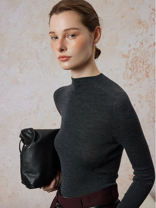 Slim-Fit Seamless Merino Wool Knit | Semi-High Neck Base Layer for Women | Autumn Winter Essential