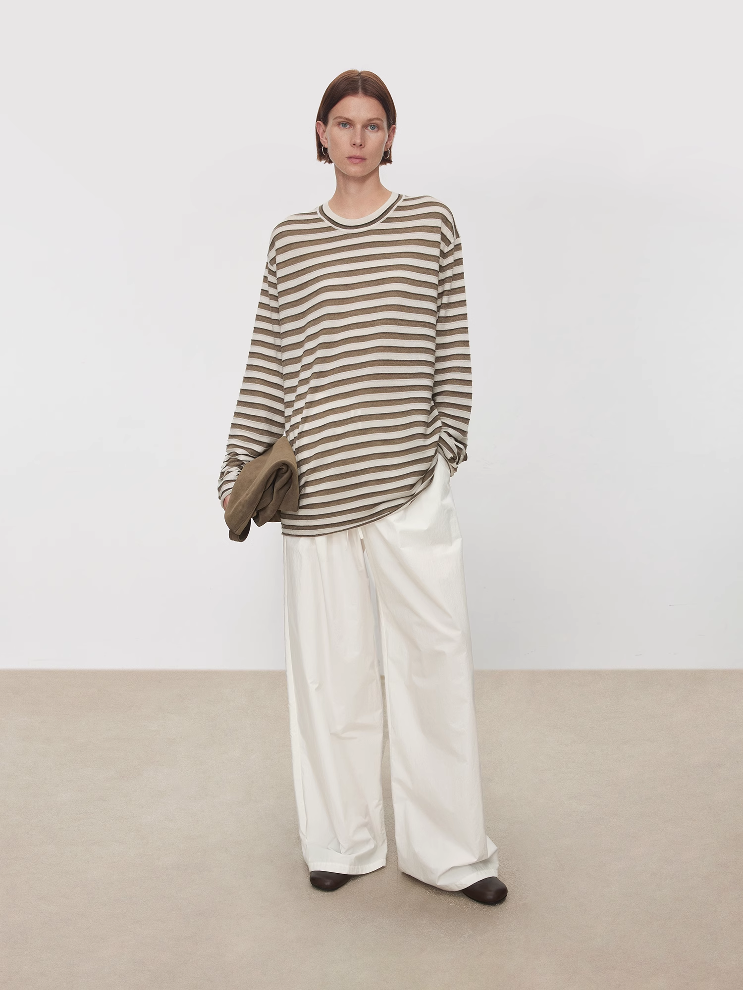 Minimalist Wool Striped Base Layer Top for Women – Coffee Brown & Soft Pink Fashion Knit