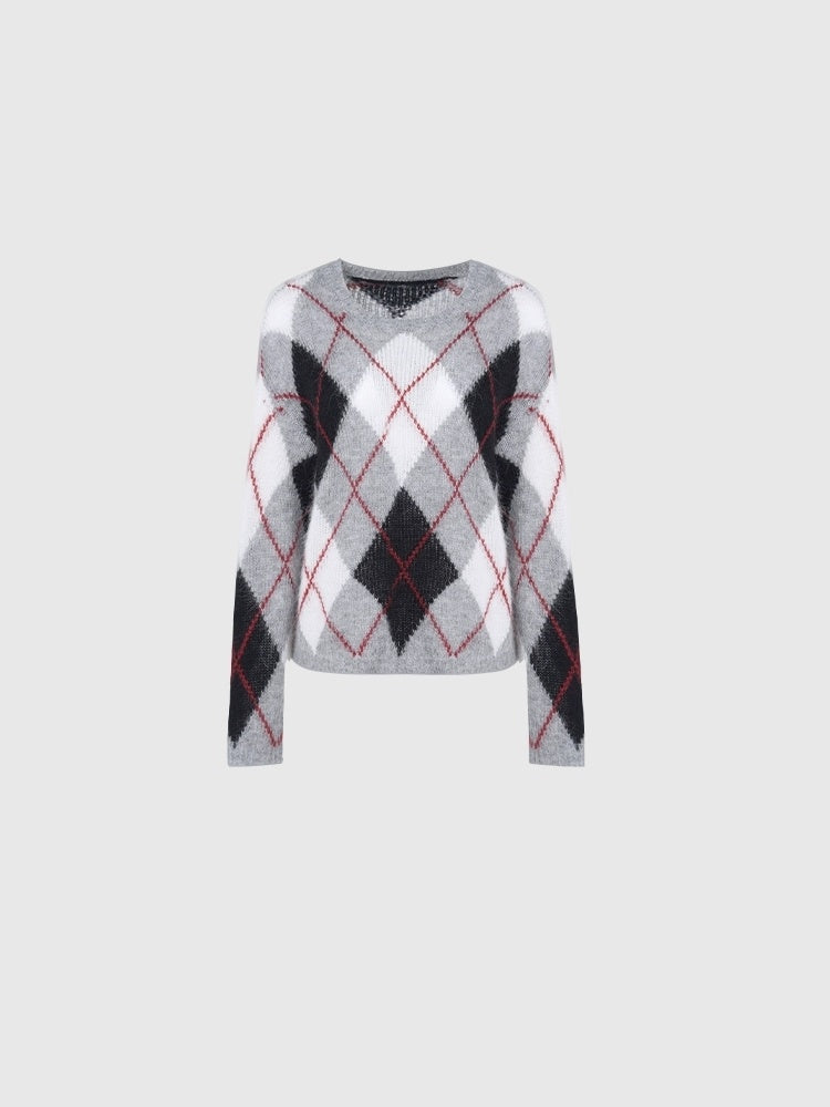 Peruvian Alpaca Wool Diamond-Pattern Pullover Sweater | Warm, Breathable Color-Contrast Knit